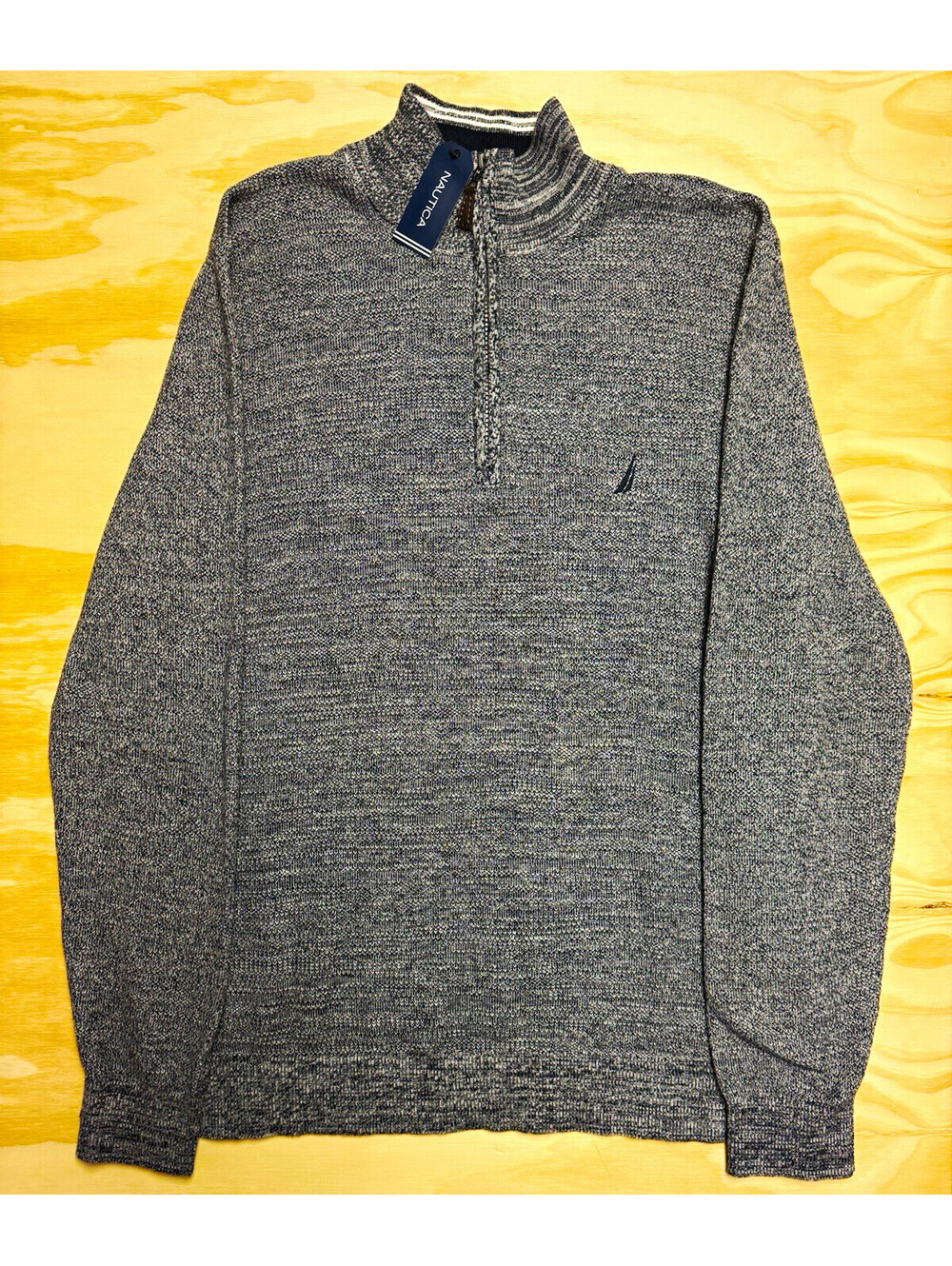 Nautica Gray/Navy Heathered Knit 1/4 Zip Mock Neck Pullover Sweater Men's XL
